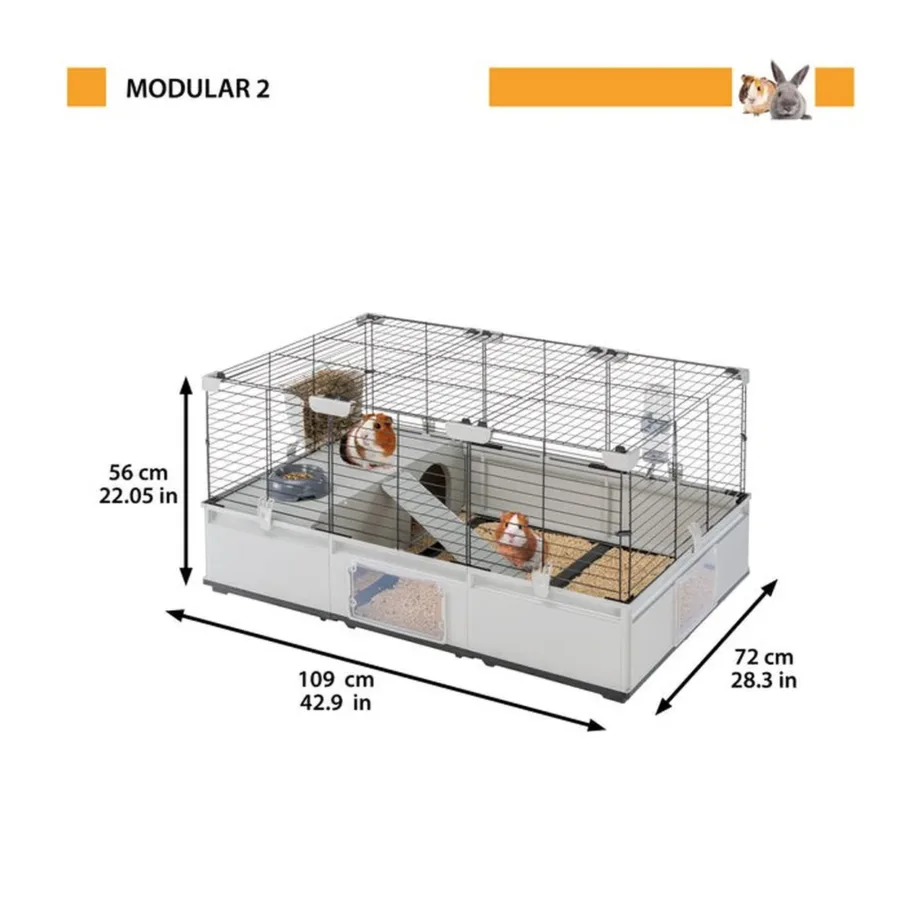 Ferplast Modular 2 109x72x56 cm hall-must metallist ja plastist puur küülikule ja meriseale koos maja, redeli, joogipudeli, kausi ja heinahoidjaga – 2