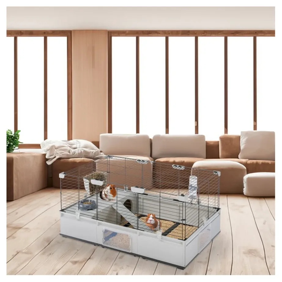 Ferplast Modular 2 109x72x56 cm hall-must metallist ja plastist puur küülikule ja meriseale koos maja, redeli, joogipudeli, kausi ja heinahoidjaga – 4