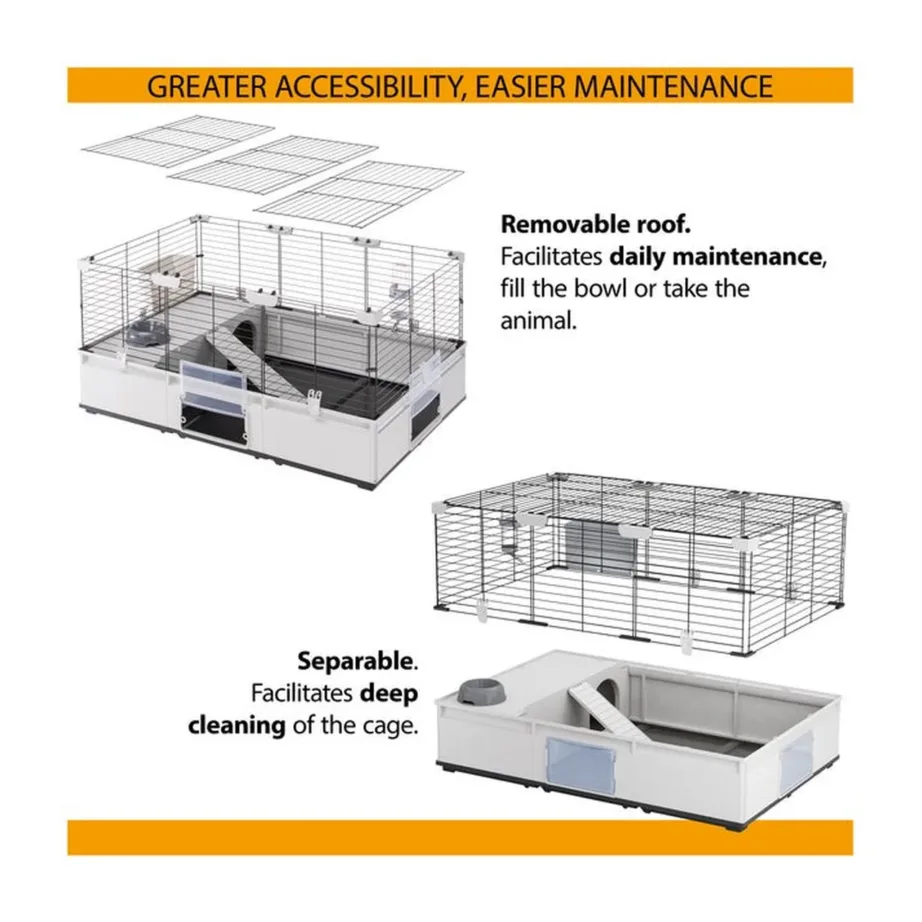 Ferplast Modular 2 109x72x56 cm hall-must metallist ja plastist puur küülikule ja meriseale koos maja, redeli, joogipudeli, kausi ja heinahoidjaga – 6