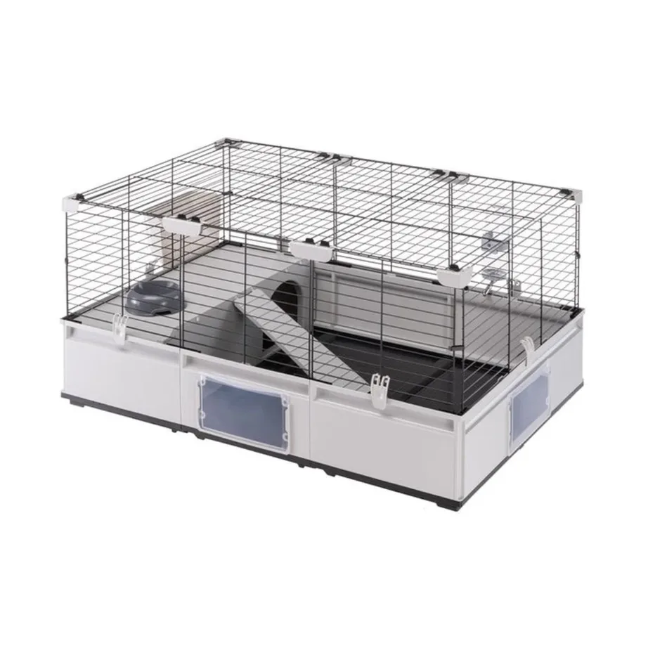 Ferplast Modular 2 109x72x56 cm hall-must metallist ja plastist puur küülikule ja meriseale koos maja, redeli, joogipudeli, kausi ja heinahoidjaga