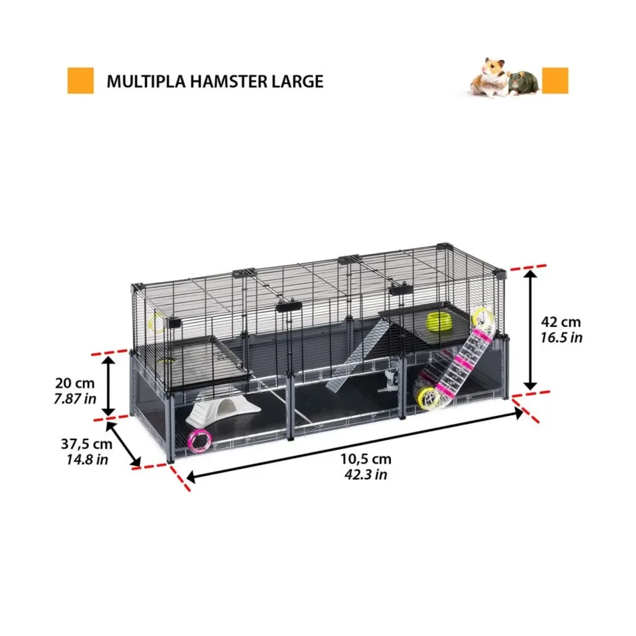 Ferplast Multipla Hamster Large 107,5×37,5×42 cm must metallist/plastist puur närilistele (hamstritele, hiirtele), 2 tasandit, varustusega – 4
