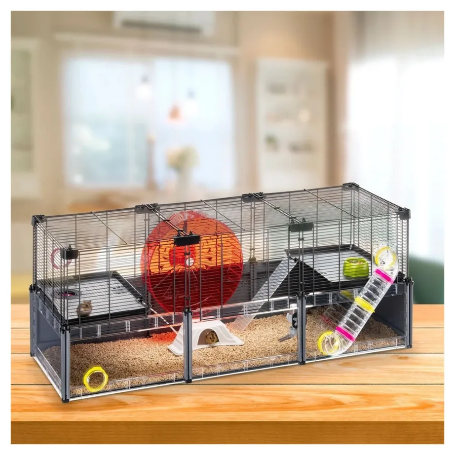 Ferplast Multipla Hamster Large 107,5×37,5×42 cm must metallist/plastist puur närilistele (hamstritele, hiirtele), 2 tasandit, varustusega – 7