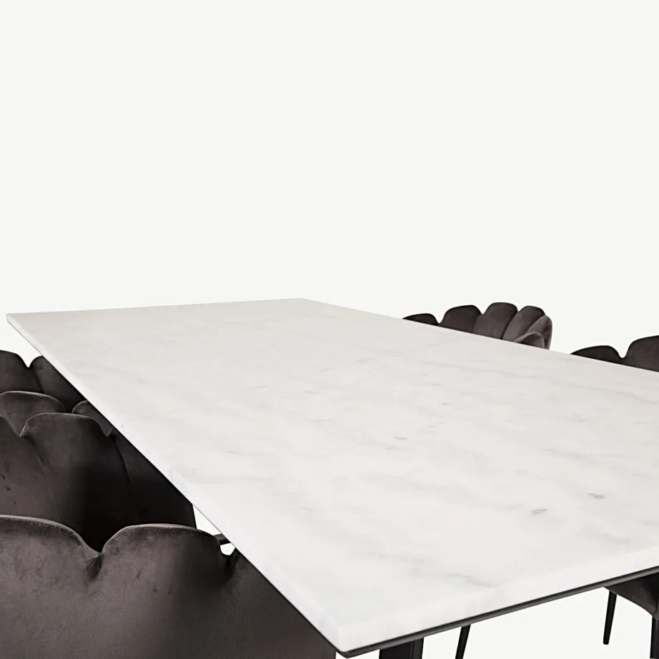 Estelle marmorlauaga söögikomplekt Limhamni velvettoolidega (valge mustriline marmor, hall samet, 200×90 cm), GR19189 – 3