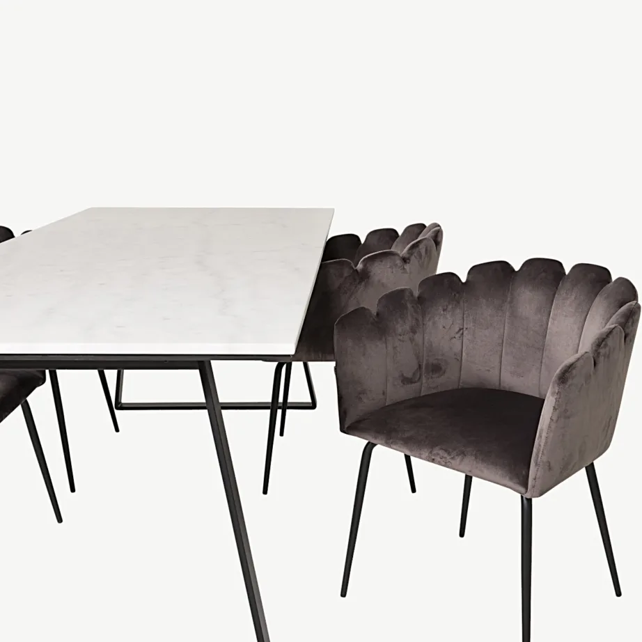 Estelle marmorlauaga söögikomplekt Limhamni velvettoolidega (valge mustriline marmor, hall samet, 200×90 cm), GR19189 – 4