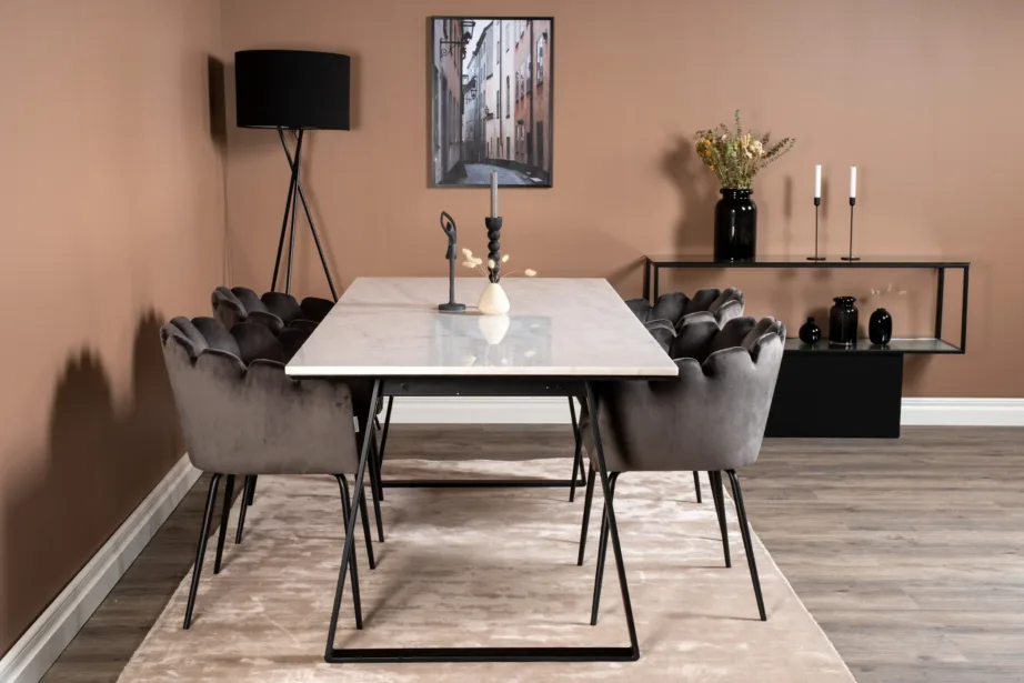 Estelle marmorlauaga söögikomplekt Limhamni velvettoolidega (valge mustriline marmor, hall samet, 200×90 cm), GR19189 – 5