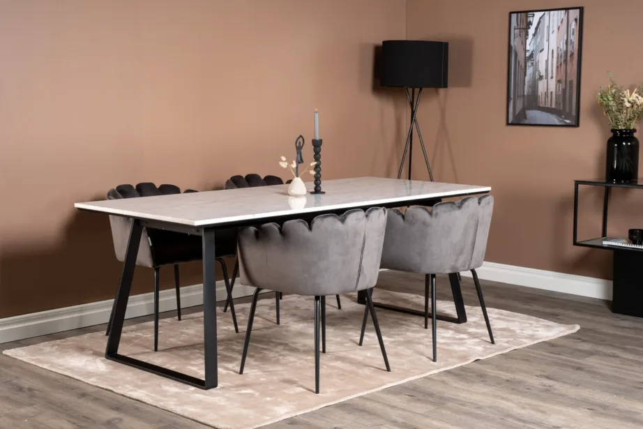 Estelle marmorlauaga söögikomplekt Limhamni velvettoolidega (valge mustriline marmor, hall samet, 200×90 cm), GR19189 – 6