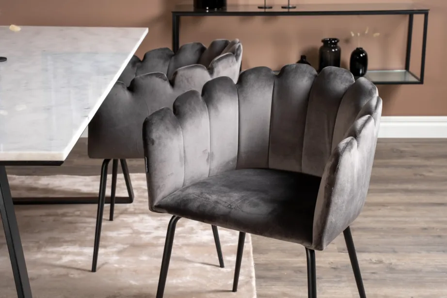 Estelle marmorlauaga söögikomplekt Limhamni velvettoolidega (valge mustriline marmor, hall samet, 200×90 cm), GR19189 – 8