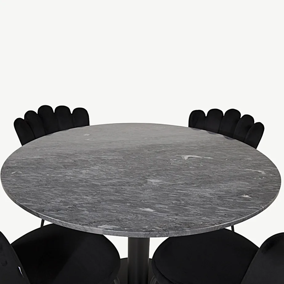 Estelle ümar marmorlauaga söögikomplekt mustade velvettoolidega, GR19212 – 2