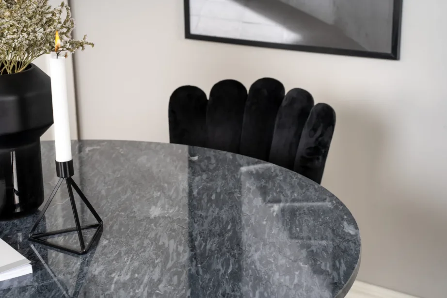 Estelle ümar marmorlauaga söögikomplekt mustade velvettoolidega, GR19212 – 5