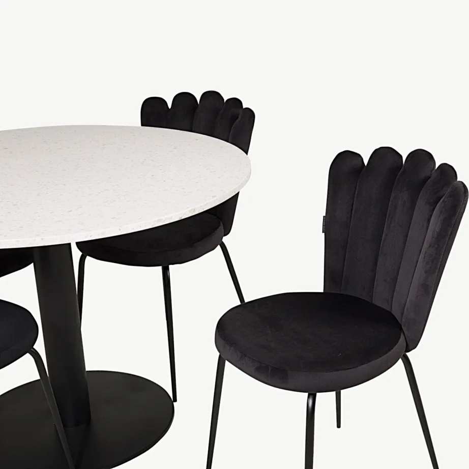 Razzia ümmargune valge terrazzo söögilaud ja mustad sametist toolid Limhamn, GR19214 – 2