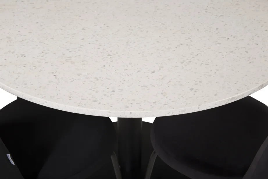 Razzia ümmargune valge terrazzo söögilaud ja mustad sametist toolid Limhamn, GR19214 – 6