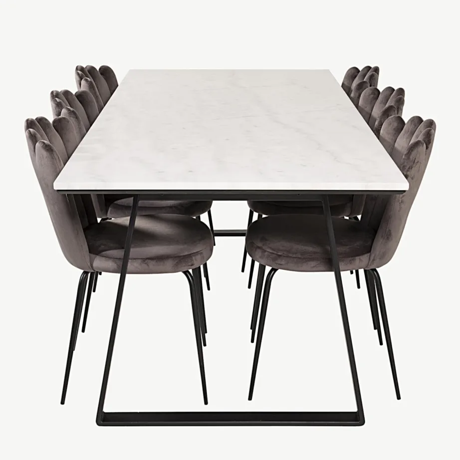 Valgest marmorist Estelle söögilaud mustade jalgadega ja hallid sametist Limhamni toolid, GR19240 – 2