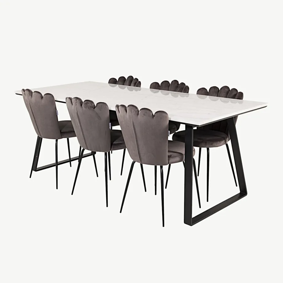 Valgest marmorist Estelle söögilaud mustade jalgadega ja hallid sametist Limhamni toolid, GR19240