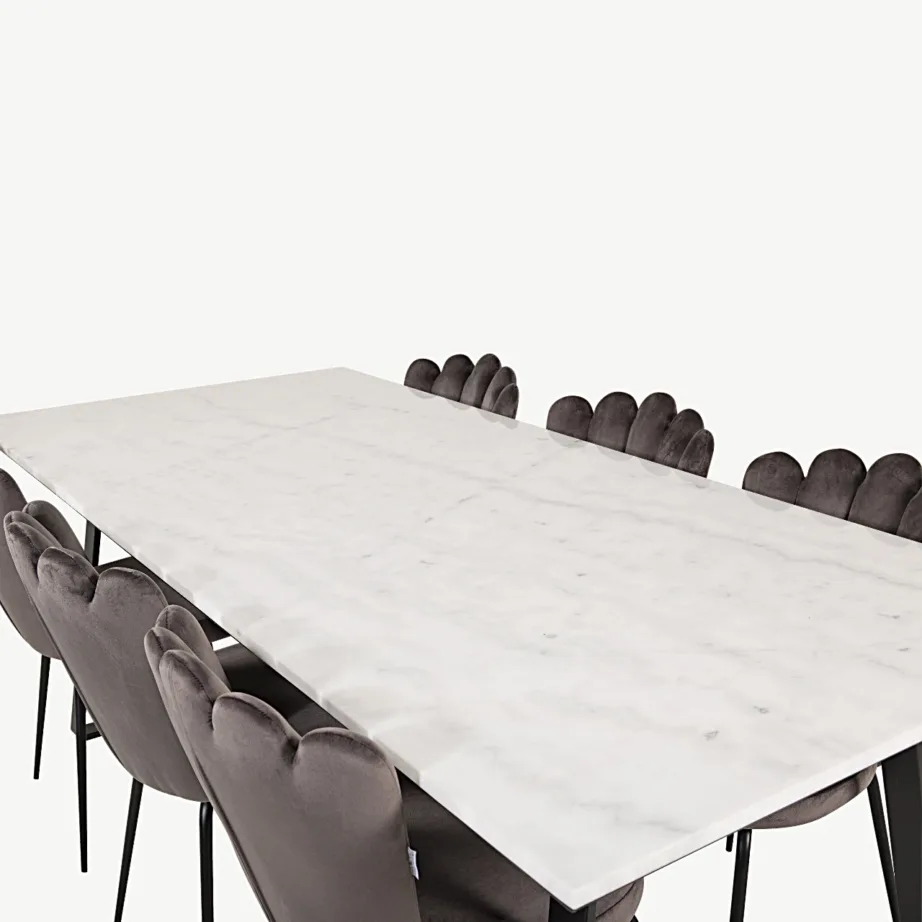 Valgest marmorist Estelle söögilaud mustade jalgadega ja hallid sametist Limhamni toolid, GR19240 – 3