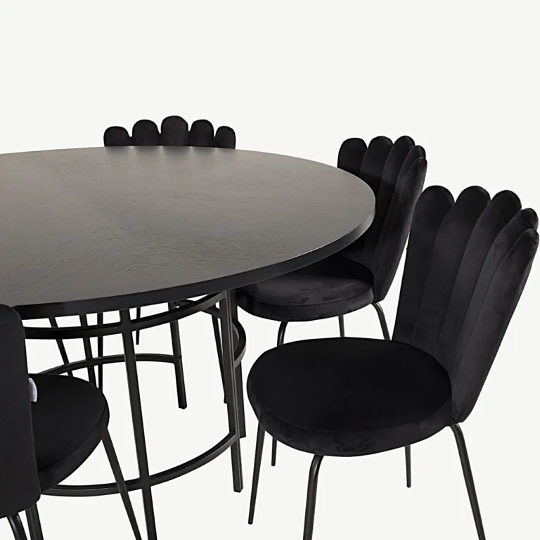 Copenhageni ümmargune söögilauakomplekt, must MDF ja musta velvetkattega toolid (6 tk) - GR19401