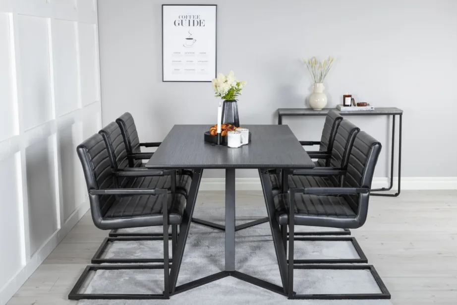 Marina ristkülikukujuline must söögitoakomplekt – must MDF laud ja musta kunstnahaga Art tugitoolid, GR20242 – 5