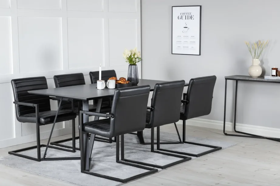 Marina ristkülikukujuline must söögitoakomplekt – must MDF laud ja musta kunstnahaga Art tugitoolid, GR20242 – 6
