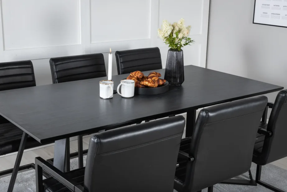 Marina ristkülikukujuline must söögitoakomplekt – must MDF laud ja musta kunstnahaga Art tugitoolid, GR20242 – 8