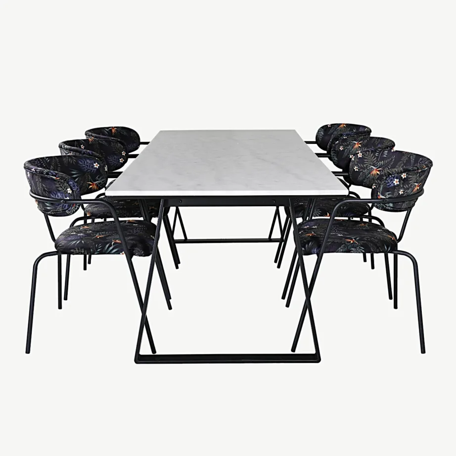 Valge marmorlauaplaadiga söögikomplekt Estelle mustade lillemustriliste velvettoolidega Arrow, GR20377 – 2