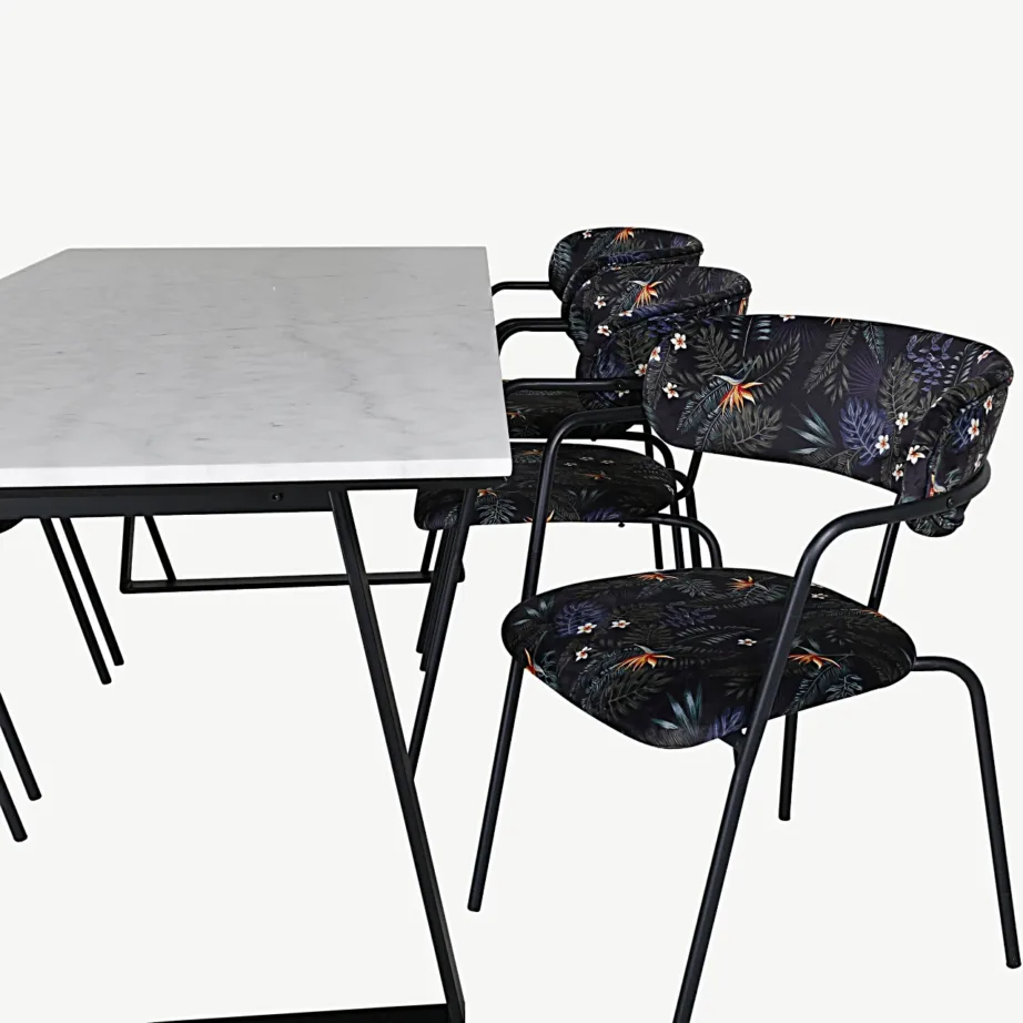 Valge marmorlauaplaadiga söögikomplekt Estelle mustade lillemustriliste velvettoolidega Arrow, GR20377 – 3