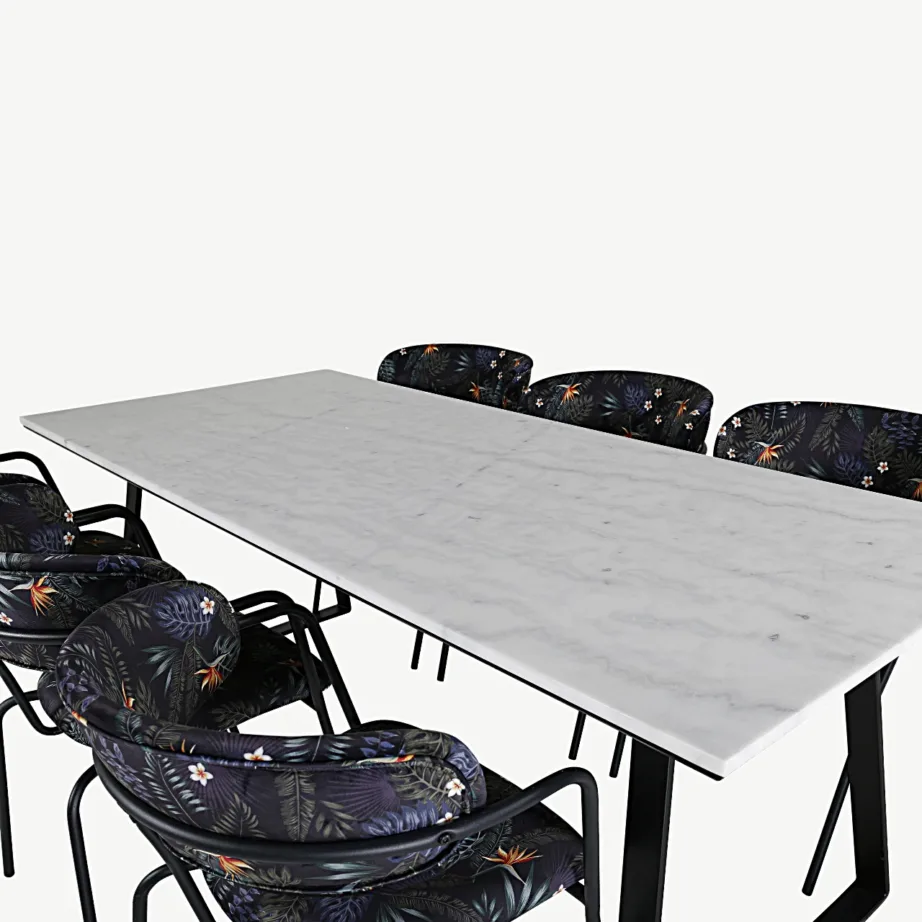 Valge marmorlauaplaadiga söögikomplekt Estelle mustade lillemustriliste velvettoolidega Arrow, GR20377 – 4