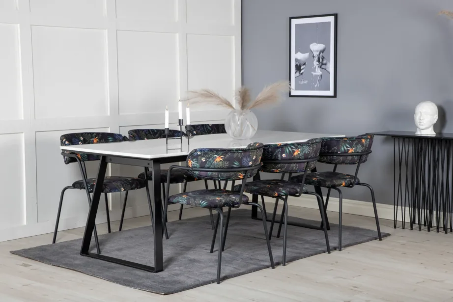 Valge marmorlauaplaadiga söögikomplekt Estelle mustade lillemustriliste velvettoolidega Arrow, GR20377 – 6