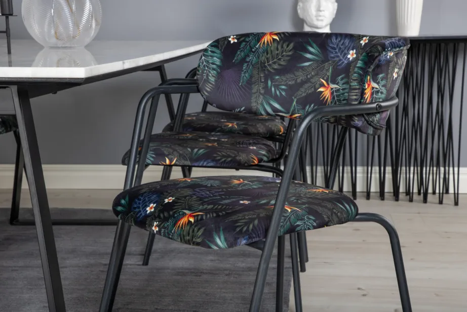 Valge marmorlauaplaadiga söögikomplekt Estelle mustade lillemustriliste velvettoolidega Arrow, GR20377 – 7