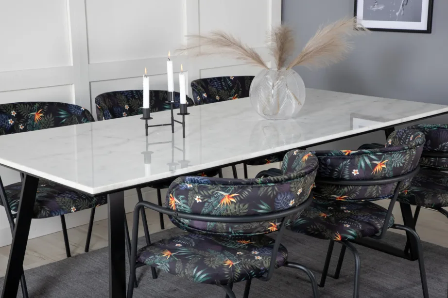 Valge marmorlauaplaadiga söögikomplekt Estelle mustade lillemustriliste velvettoolidega Arrow, GR20377 – 8