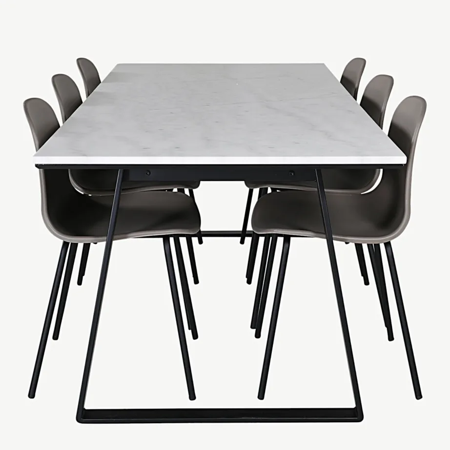 Söögilauakomplekt Estelle valge marmoriga (200 × 90 cm) ja Arctic toolidega (beež, mustad jalad), GR20378 – 2