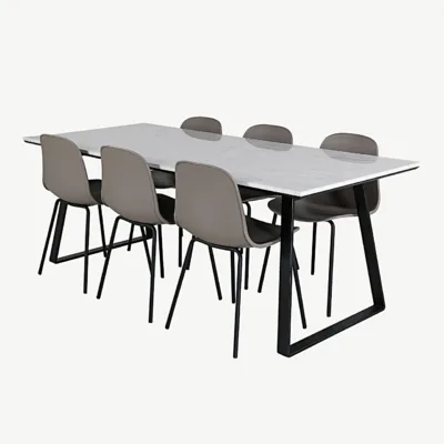 Söögilauakomplekt Estelle valge marmoriga (200 × 90 cm) ja Arctic toolidega (beež, mustad jalad) - GR20378