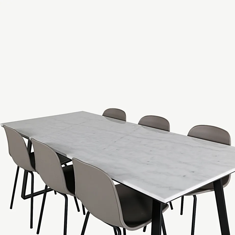 Söögilauakomplekt Estelle valge marmoriga (200 × 90 cm) ja Arctic toolidega (beež, mustad jalad), GR20378 – 4