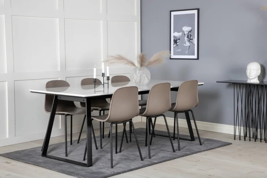 Söögilauakomplekt Estelle valge marmoriga (200 × 90 cm) ja Arctic toolidega (beež, mustad jalad), GR20378 – 6