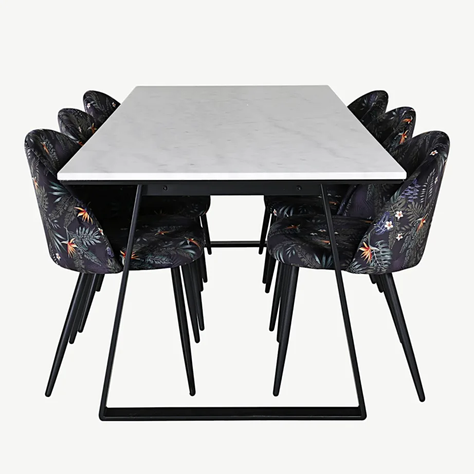 Valgest marmorist söögilaud Estelle ja musta sametkattega lillemustrilised toolid, GR20382 – 2