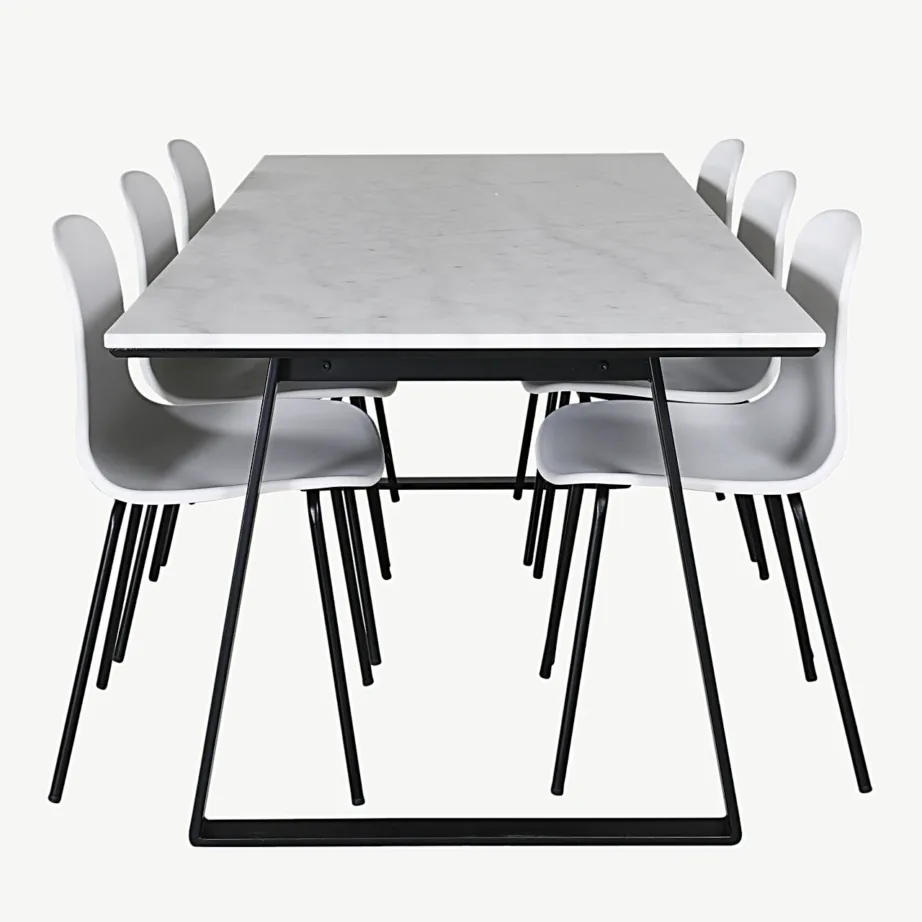 Valgest marmorist Estelle söögilaud ja Arctic valged söögitoolid mustade jalgadega, 200×90 cm, GR20383 – 2