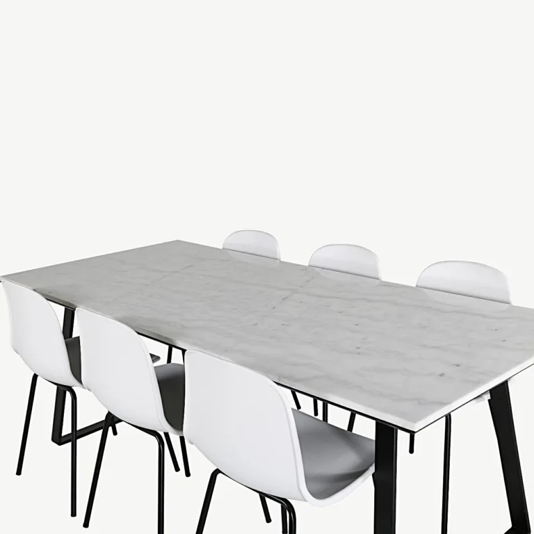 Valgest marmorist Estelle söögilaud ja Arctic valged söögitoolid mustade jalgadega, 200×90 cm - GR20383