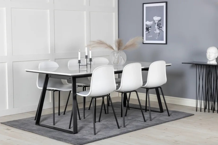 Valgest marmorist Estelle söögilaud ja Arctic valged söögitoolid mustade jalgadega, 200×90 cm, GR20383 – 6