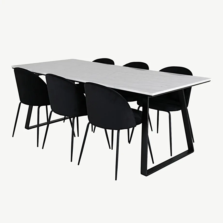Valge marmorlauaplaadiga söögilaud Estelle ja mustad sametist Wrinkles toolid (6 tk), GR20385