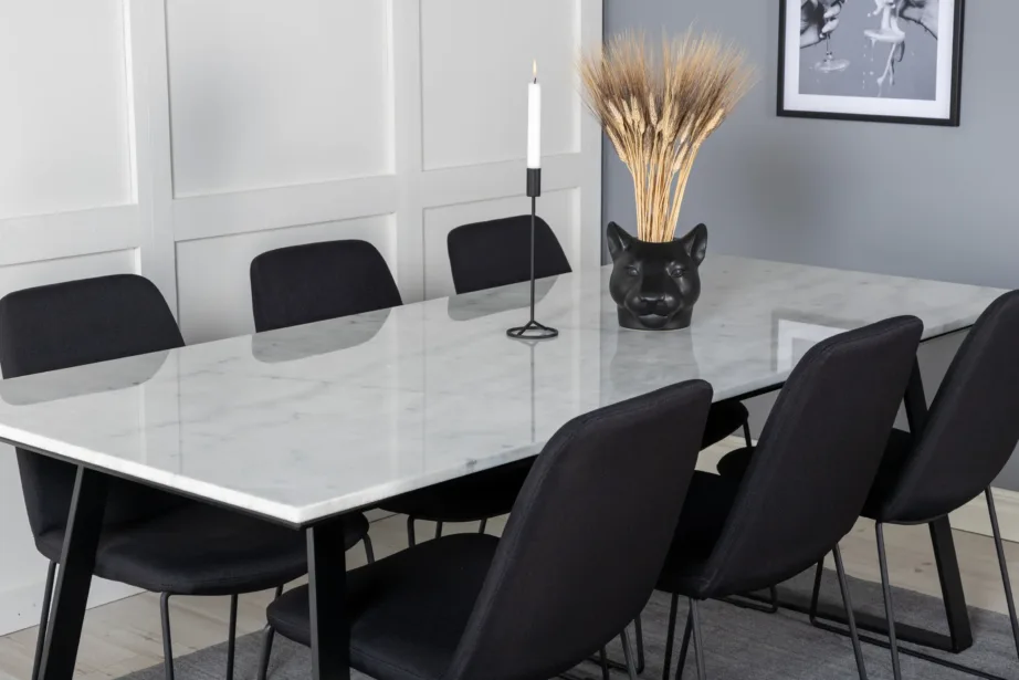 Söögilaud Estelle marmorlauaplaadiga ja mustade Muce toolidega (6 tooli komplektis), GR20388 – 8