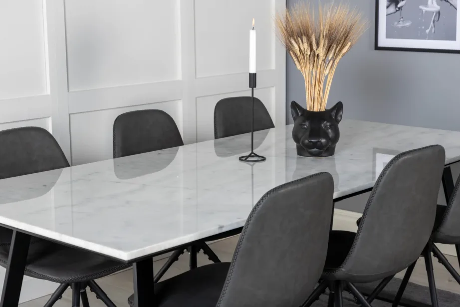 Estelle marmorlauaga söögilaud ja Polar mustad kunstnahast toolid, GR20389 – 8