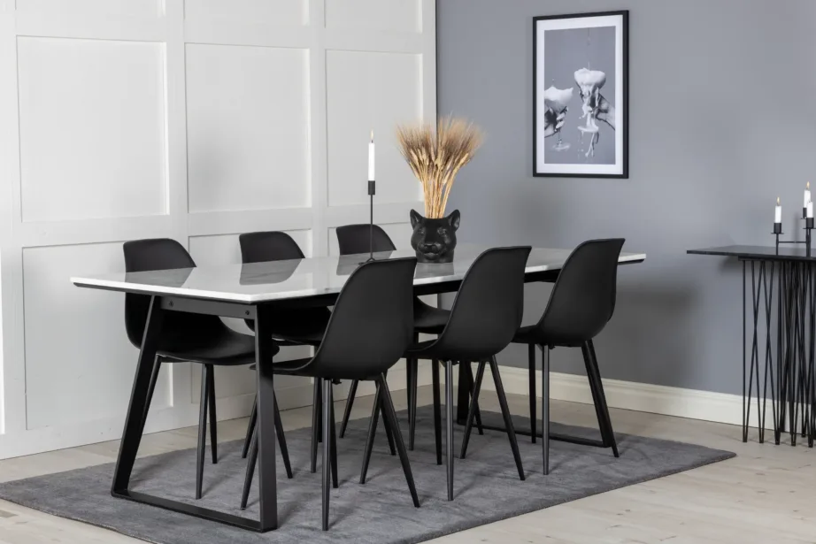 Ristkülikukujuline marmorist söögilaud Estelle Polar toolidega (6 tk, mustad), GR20392 – 6