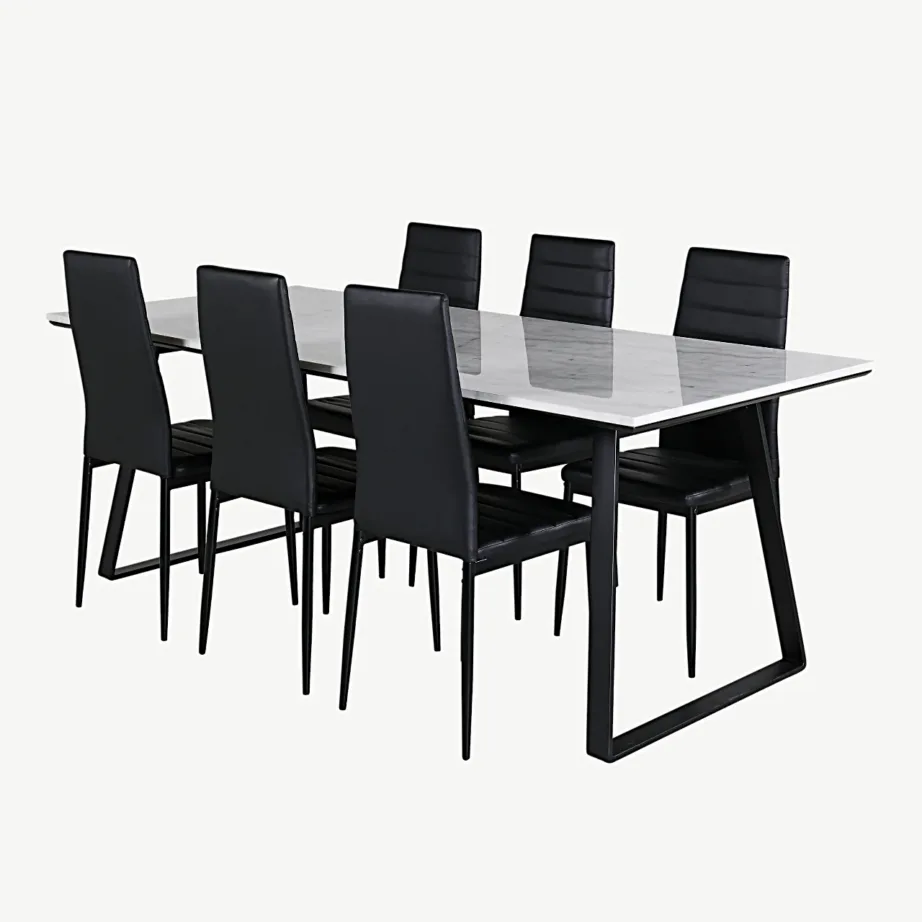 Söögikomplekt valge marmorlauaplaadiga Estelle lauaga ja mustade Slim kunstnahast toolidega, GR20394