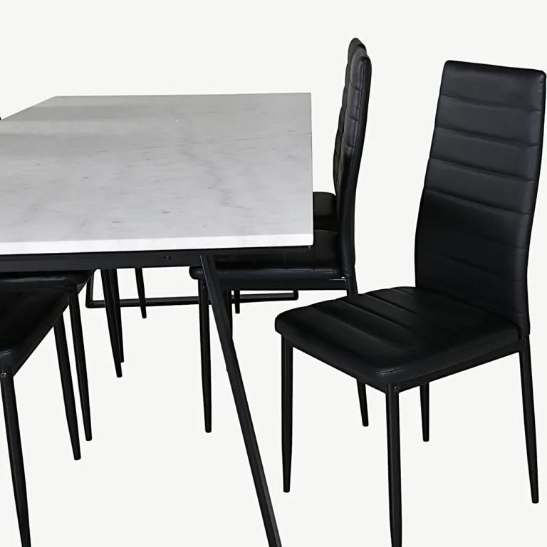 Söögikomplekt valge marmorlauaplaadiga Estelle lauaga ja mustade Slim kunstnahast toolidega - GR20394