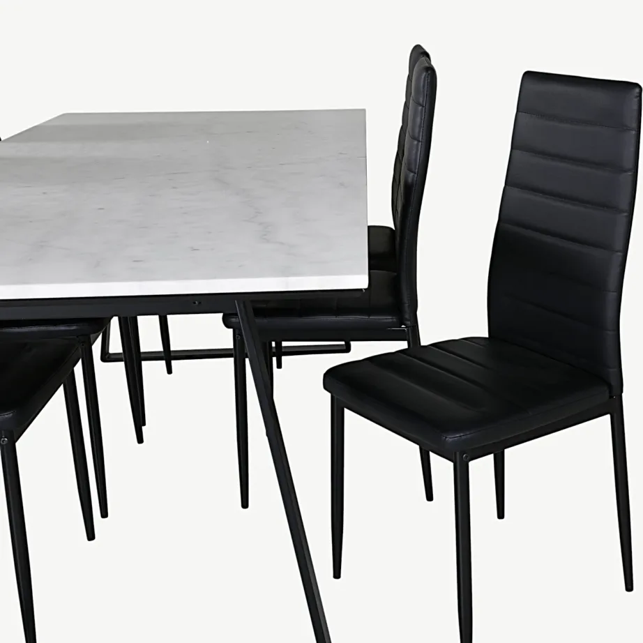 Söögikomplekt valge marmorlauaplaadiga Estelle lauaga ja mustade Slim kunstnahast toolidega, GR20394 – 3