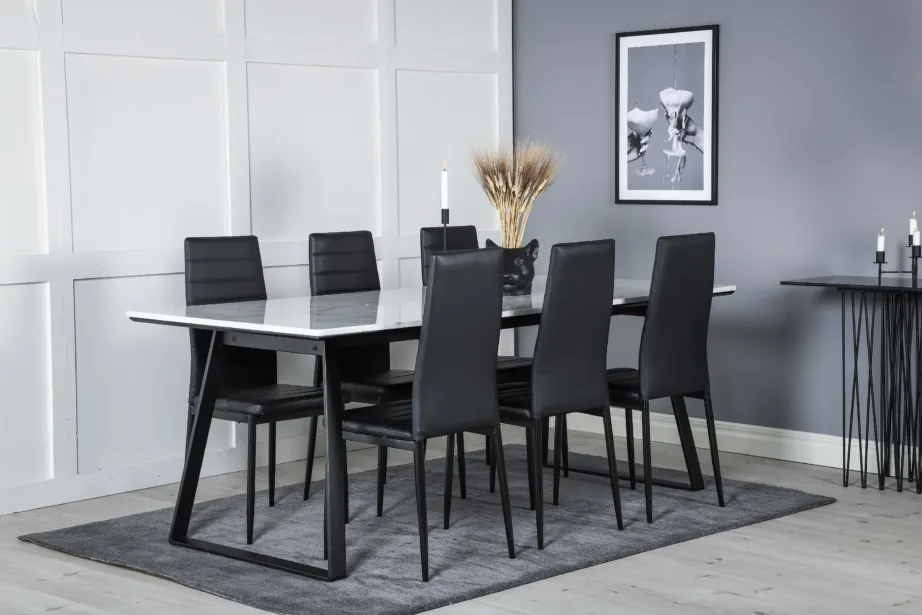 Söögikomplekt valge marmorlauaplaadiga Estelle lauaga ja mustade Slim kunstnahast toolidega, GR20394 – 6