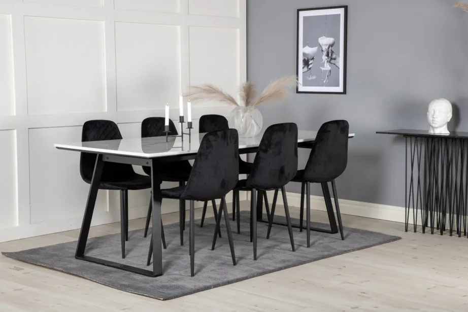 Valge marmorist söögilaua komplekt Estelle mustade sametist toolidega Polar (6-kohaline), GR20395 – 6