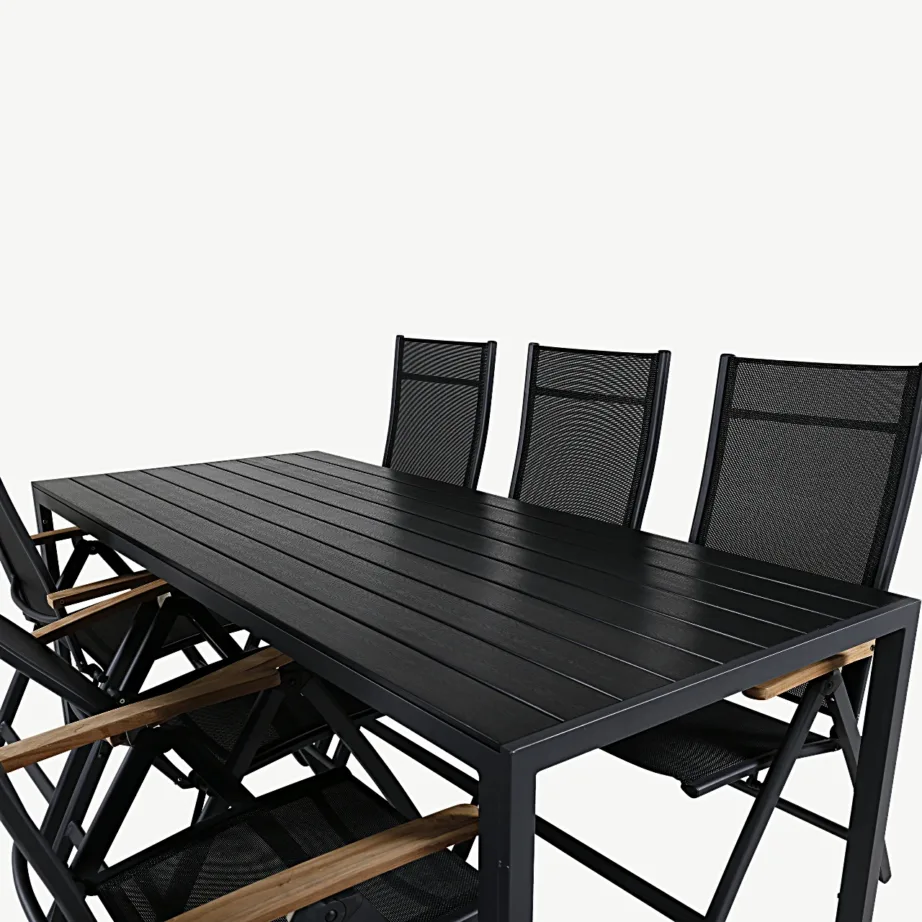 Must välimööblikomplekt Break – suur laud ja reguleeritavate tiigipuukäetugedega toolidega, GR21704 – 4