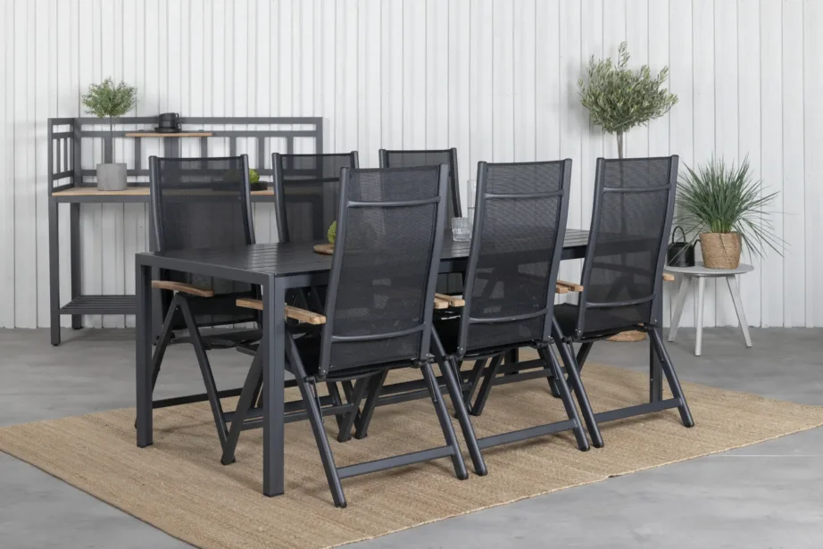 Must välimööblikomplekt Break – suur laud ja reguleeritavate tiigipuukäetugedega toolidega, GR21704 – 5