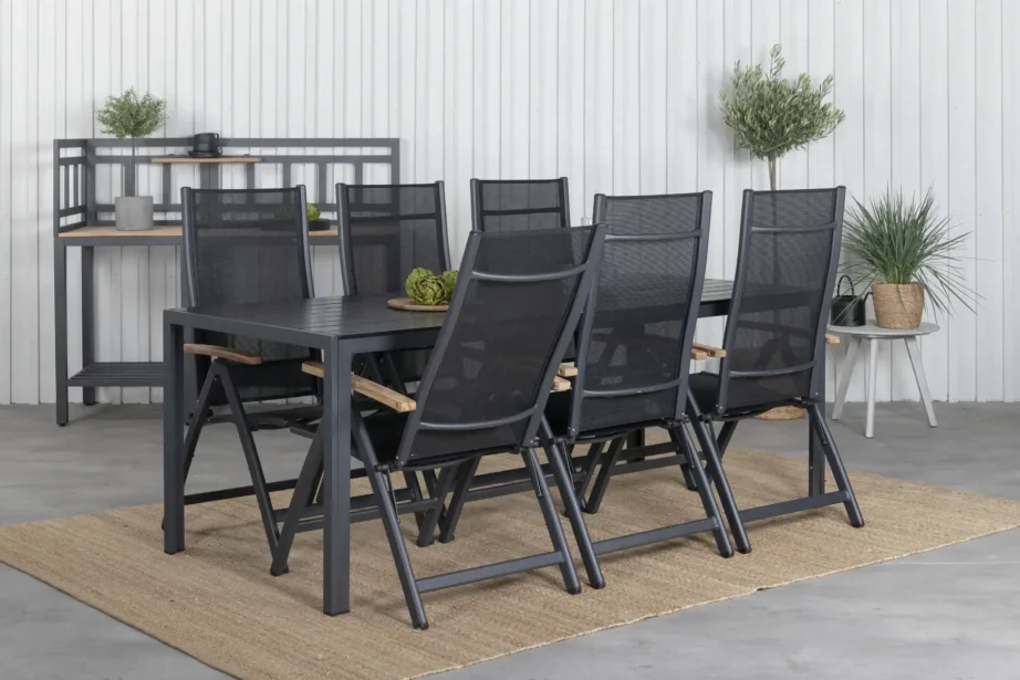 Must välimööblikomplekt Break – suur laud ja reguleeritavate tiigipuukäetugedega toolidega, GR21704 – 6