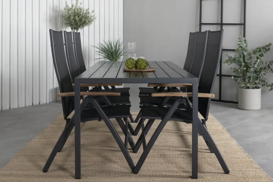 Must välimööblikomplekt Break – suur laud ja reguleeritavate tiigipuukäetugedega toolidega, GR21704 – 7