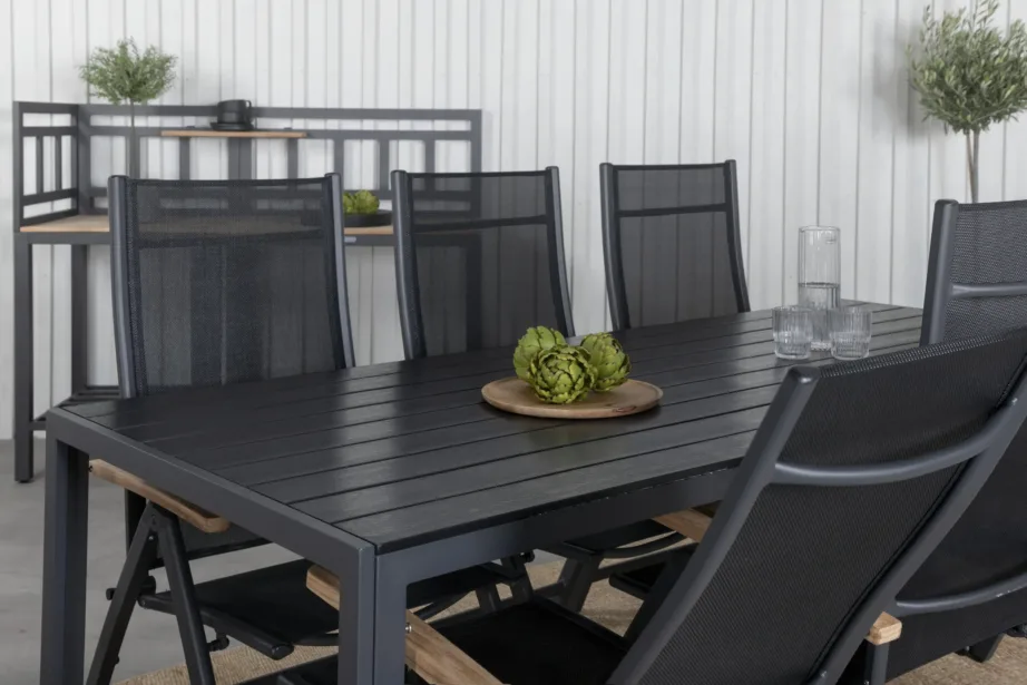 Must välimööblikomplekt Break – suur laud ja reguleeritavate tiigipuukäetugedega toolidega, GR21704 – 8